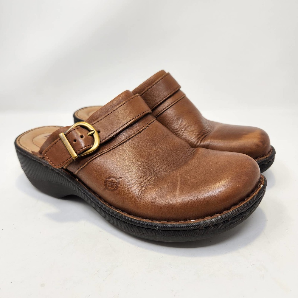 Born Avaco Brown Leather Slip-On Clogs Mules with Buckle